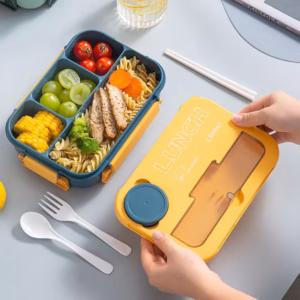 Equedynamics 4-Compartment Leakproof Lunch Box, Microwave-Safe Plastic Bento Box with Spoon & Fork, Large Food Storage Container for School, Office, Travel & Picnic