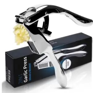 EQUEDYNAMICS Garlic Press, 2-in-1 Stainless Steel Garlic Press & Slicer, Easy to Squeeze Garlic Mincer & Chopper, Rust-Proof, Dishwasher Safe Ginger Crusher, Silver