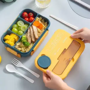 Equedynamics 4-Compartment Leakproof Lunch Box, Microwave Safe Bento Box with Spoon & Fork, Food Grade Plastic Food Storage Container for School, Office, Travel & Picnic