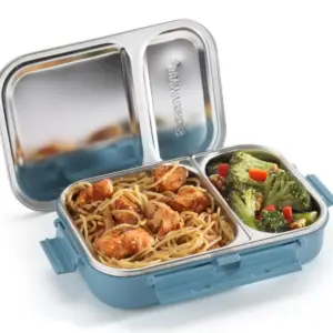 EqueDynamics Stainless Steel Bento Box 34 oz Leakproof Lunch Box with 2 Compartments, Premium 18/8 Stainless Steel Food Container, BPA Free Reusable Lunch Container for Adults & Kids, Dishwasher Safe for School, Work, Travel & Meal Prep, Aqua Blue