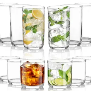 Equedynamics 12-Piece PET Plastic Drinking Glasses Set, 14oz Highball & 11.5oz Whiskey Tumbler Cups, Unbreakable Clear Drinkware for Water, Juice, Beer, Milk & Cocktails
