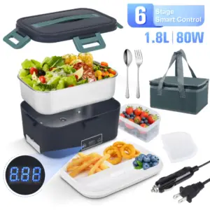 EqueDynamics Electric Lunch Box Heated Food Warmer 1.8L Portable Lunch Box for Adults, 80W Fast Heating with 6 Temperature Settings, 12V/24V/110V Food Heater, 304 Stainless Steel Lunch Container for Car, Truck, Office, Travel & Outdoor Use