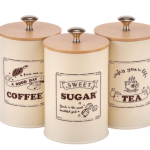 EqueDynamics Coffee, Sugar & Tea Canister Set, 3-Piece Large Capacity Metal Storage Containers with Airtight Bamboo Lids, Vintage Kitchen Canisters for Coffee Beans, Tea, Sugar, Pasta, Grains & Dry Food Storage, Beige