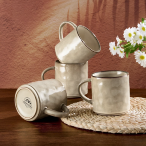 Equedynamics 14 oz Stoneware Coffee Mug Set of 4, Ceramic Coffee Cups with Handles, Microwave & Dishwasher Safe Wave Design Mugs for Coffee, Tea, Latte & Hot Chocolate, Khaki