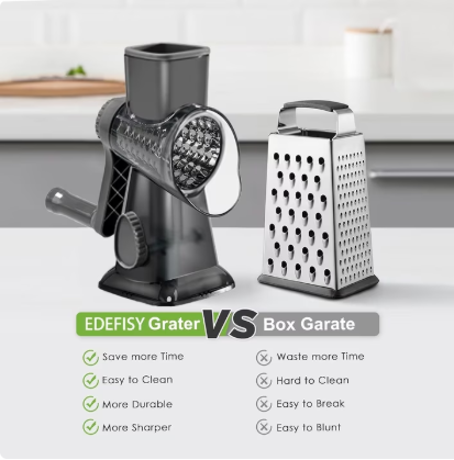 Equedynamics Rotary Cheese Grater, Manual Hand Crank Stainless Steel Food Grater with Interchangeable Blades for Cheese, Vegetables, Nuts & Chocolate - Image 2