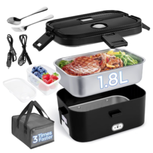 EqueDynamics Electric Lunch Box Heated Food Warmer 1.8L Portable Lunch Box for Adults, 80W Fast Heating with 6 Temperature Settings, 12V/24V/110V Food Heater, 304 Stainless Steel Lunch Container for Car, Truck, Office, Travel & Outdoor Use